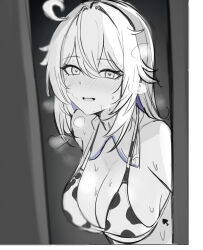 ahoge alternate_costume animal_print bare_shoulders bikini blush breasts cleavage cow_print cow_print_bikini hair_between_eyes highres honkai_(series) honkai_impact_3rd kiana_kaslana long_hair looking_at_viewer mini2chainz monochrome open_mouth print_bikini sketch smile spade_(shape) sweat swimsuit underboob upper_body