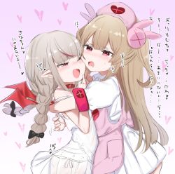 Rule 34 | 2girls, :d, apron, black bow, blush, bow, braid, cheek-to-cheek, crossover, dress, drooling, from side, grey hair, hair bow, hat, heads together, heart, heart print, highres, hug, long hair, makaino ririmu, mouth drool, multicolored hair, multiple girls, natori sana, nijisanji, nurse cap, one eye closed, open mouth, pink apron, puffy short sleeves, puffy sleeves, red eyes, sana channel, short sleeves, smile, streaked hair, twin braids, two side up, utsusumi kio, virtual youtuber, white dress, wings