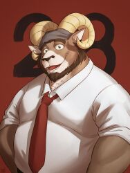 Rule 34 | 1boy, absurdres, animal ears, bara, beard, belly, birthday, carl hendricks, character age, commentary, echo (visual novel), echo project, english commentary, facial hair, fat, fat man, furry, furry male, green eyes, highres, horns, looking at viewer, male focus, necktie, open mouth, red background, red necktie, sheep boy, sheep ears, sheep horns, shibacream, shirt, sleeves rolled up, smile, white shirt