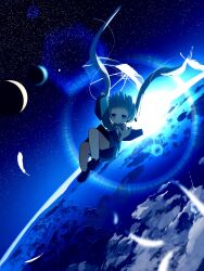 Rule 34 | 1girl, arm up, black footwear, black skirt, blue eyes, blue hair, blue necktie, blurry, blurry foreground, commentary, detached sleeves, earth (planet), feathers, floating hair, foreshortening, hair ornament, hatsune miku, highres, hikimayu, holding, holding umbrella, lens flare, long hair, looking at viewer, miniskirt, necktie, outstretched arm, planet, skirt, sky, solo, space, star (sky), starry sky, sunrise, syare 0603, transparent, transparent umbrella, twintails, umbrella, very long hair, vocaloid