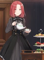 Rule 34 | 1girl, black dress, brown eyes, closed mouth, commentary request, cup, dress, grete (spy kyoushitsu), grey dress, long dress, looking at viewer, parted bangs, parted hair, pouring, red hair, serving, short hair, smile, solo, spy kyoushitsu, teacup, teapot, tiered tray, tomari (veryberry00), underbust