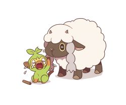 Rule 34 | bad food, black eyes, closed eyes, creature, creature as food, creatures (company), crying, eating, full body, game freak, gen 8 pokemon, grookey, horns, monkey, nintendo, no humans, pokemon, pokemon (creature), sheep, simple background, ssalbulre, tears, white background, wooloo
