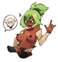 Rule 34 | 2girls, amalia sheran sharm, angry, arm up, assisted exposure, bare shoulders, black gloves, blonde hair, blush, breasts, brown eyes, closed eyes, dark-skinned female, dark skin, detached sleeves, elbow gloves, embarrassed, evangelyne (wakfu), gloves, grey hair, hair between eyes, holding another&#039;s wrist, javehorny, medium breasts, multiple girls, nipples, open mouth, pointy ears, ponytail, pulling another&#039;s clothes, short hair, simple background, smile, solo focus, topless, upper body, wakfu, white background, yuri
