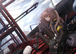 Rule 34 | 1girl, armband, boots, brown hair, cloud, fingerless gloves, girls&#039; frontline, gloves, gun, highres, jacket, long hair, rifle, scar, scar across eye, scar on face, ship, shumeia, side ponytail, skirt, sky, solo, thighs, ump45 (girls&#039; frontline), watercraft, weapon, yellow eyes