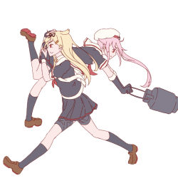 Rule 34 | 10s, 2girls, carrying over shoulder, fingerless gloves, gloves, hair flaps, hair ornament, hair ribbon, hairclip, harusame (kancolle), kantai collection, kneehighs, long hair, mikeco, multiple girls, neckerchief, pleated skirt, red eyes, red neckerchief, remodel (kantai collection), ribbon, scarf, school uniform, serafuku, shoes, side ponytail, skirt, socks, sweatdrop, take it home, yuudachi (kancolle)