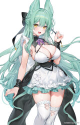Rule 34 | 1girl, animal ear fluff, animal ears, aqua hair, black bow, black cape, black wristband, bow, breasts, cape, commentary, double-parted bangs, dress, feet out of frame, fox ears, frilled dress, frills, hair between eyes, hair bow, hair intakes, half updo, hand up, highres, large breasts, long hair, looking at viewer, machi (7769), maid, open mouth, original, patreon username, sleeveless, sleeveless dress, smile, solo, thighhighs, waist cape, white dress, white thighhighs, yellow eyes
