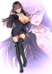 Rule 34 | 1girl, breasts, commentary, commentary request, glasses, hifumi chiyoko, highres, looking at viewer, mole, mole on breast, nipples, office lady, original, solo, thighhighs, zoom layer