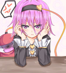 Rule 34 | 1girl, :t, anger vein, angry, bad id, bad pixiv id, black dress, blush, closed mouth, desk, dress, eyeball, frilled sleeves, frills, hairband, heart, highres, indoors, komeiji satori, long sleeves, looking at viewer, masuo, pink eyes, pink hair, pout, short hair, sitting, solo, speech bubble, spoken anger vein, third eye, touhou, upper body