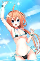 Rule 34 | 1girl, absurdres, ahoge, bikini, blue eyes, bracelet, breasts, cloud, highres, jewelry, kannuki natsume, looking at viewer, navel, necklace, open mouth, orange hair, partially submerged, side-tie bikini bottom, skirt, solo, swimsuit, tokyo clanpool, water