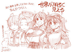 Rule 34 | 5girls, alternate breast size, april fools, ariga tou, breasts, checkered clothes, checkered neckwear, eyepatch, graphite (medium), hair ribbon, headgear, japanese clothes, kantai collection, large breasts, long hair, mechanical pencil, monochrome, multiple girls, necktie, open mouth, pencil, ribbon, ryuujou (kancolle), short hair, sparkling eyes, t-head admiral, tatsuta (kancolle), tenryuu (kancolle), traditional media, translation request, twintails, visor cap, zuikaku (kancolle)