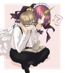 Rule 34 | 1boy, 1girl, ?, bare shoulders, blue eyes, book, brown hair, buttons, caules forvedge yggdmillennia, dress, elbow gloves, fate/apocrypha, fate (series), frankenstein&#039;s monster (fate), frankenstein (fate/apocrypha), gloves, grey legwear, hair over eyes, hand on own cheek, hand on own face, hand on shoulder, headgear, horns, indian style, open book, open mouth, pants, parted lips, red eyes, red hair, shadow, shirt, shoes, short hair, single horn, sitting, socks, suspenders, sweat, veil, white dress, white gloves, white shirt, y/n