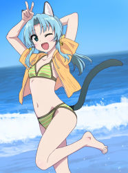 Rule 34 | 1girl, ;d, animal ear fluff, animal ears, arms up, bad id, bad pixiv id, bare legs, barefoot, bell, bikini, bikini under clothes, blue eyes, blue hair, blue sky, blush, breasts, brown jacket, cat ears, cat girl, cat tail, collarbone, commentary request, day, drawstring, fingernails, hair bell, hair ornament, hood, hood down, hooded jacket, horizon, jacket, jingle bell, long hair, looking at viewer, marine day, navel, ocean, one eye closed, open clothes, open jacket, open mouth, original, outdoors, parted bangs, short sleeves, sidelocks, sky, small breasts, smile, solo, standing, standing on one leg, string bikini, swimsuit, tail, tail raised, tonbi, v, water, waves
