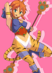 Rule 34 | 1girl, animal ears, bad id, bad pixiv id, bottomless, breasts, breath of fire, breath of fire ii, bustier, cat ears, cat tail, facial mark, furry, furry female, gloves, green eyes, groin, hashi, navel, no panties, no pants, orange hair, pointy ears, red hair, rinpoo chuan, short hair, solo, staff, tail