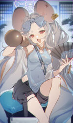 Rule 34 | 1girl, absurdres, animal ears, bare shoulders, black shorts, blue archive, blue bow, blue halo, bow, breasts, chinese clothes, covered navel, detached sleeves, dress, ear tag, fang, feet out of frame, folding fan, gourd, grey dress, grey hair, halo, hand fan, hanfu, highres, holding, holding fan, long hair, mouse ears, open mouth, red eyes, saya (blue archive), shibuya (kurokamishain), shorts, skin fang, small breasts, solo, white sleeves, wide sleeves