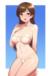 Rule 34 | 1girl, arm behind back, barefoot, bikini, blue background, blush, breasts, brown eyes, brown hair, collarbone, commentary request, eyepatch bikini, hand on own chest, hand up, idolmaster, idolmaster cinderella girls, kneeling, knees out of frame, long hair, looking at viewer, medium breasts, navel, nitta minami, open mouth, simple background, solo, straight hair, string bikini, swimsuit, tomajiyama, white bikini