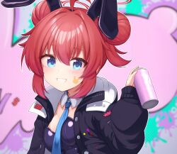 Rule 34 | 1girl, ahoge, animal ears, basa rutan, between breasts, black leotard, blue archive, blue eyes, blue necktie, blurry, blush, breasts, can, depth of field, detached collar, double bun, fake animal ears, grin, hair bun, halo, holding, holding can, jacket, leotard, maki (blue archive), necktie, necktie between breasts, open clothes, open jacket, paint on clothes, playboy bunny, puffy sleeves, rabbit ears, red hair, short hair, sidelocks, small breasts, smile, solo, spray can, strapless, strapless leotard