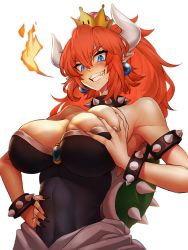 Rule 34 | 1girl, armlet, bare shoulders, black dress, black nails, blue eyes, blue gemstone, blush, bowsette, bracelet, grabbing another&#039;s breast, breasts squeezed together, breasts, cleavage, collar, covered navel, crown, dark-skinned female, dark skin, dress, earrings, evil grin, evil smile, female focus, fire, from below, gem, grabbing, grabbing own breast, grin, hair between eyes, hand on own hip, hand up, horns, jewelry, kengzeta, large breasts, long hair, looking at viewer, looking down, mario (series), monster girl, nail polish, new super mario bros. u deluxe, nintendo, open mouth, pointy ears, grabbing own breast, shell, simple background, smile, solo, spiked armlet, spiked bracelet, spiked collar, spiked shell, spikes, strapless, strapless dress, super crown, turtle shell, upper body, white background, white horns