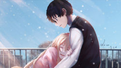 Rule 34 | 10s, 1boy, 1girl, arima kousei, artist name, black hair, blonde hair, blue eyes, blue sky, blurry, blurry background, commentary, crying, dated, day, closed eyes, from side, glasses, hetero, highres, hug, long hair, looking at another, miyazono kawori, open mouth, pink shirt, railing, revision, shigatsu wa kimi no uso, shirt, sky, snowing, teeth, xi chen chen