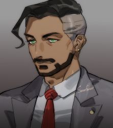 Rule 34 | 1boy, black hair, business suit, closed mouth, collared shirt, commentary, creatures (company), dark-skinned male, dark skin, earrings, facial hair, formal, game freak, green eyes, grey background, grey jacket, highres, jacket, jewelry, male focus, necktie, nintendo, pokemon, pokemon swsh, red necktie, rose (pokemon), seonforest, shirt, short hair, signature, solo, suit, symbol-only commentary, undercut, white shirt