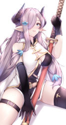 Rule 34 | 1921494015, 1girl, absurdres, bare shoulders, black gloves, blue eyes, braid, breasts, draph, elbow gloves, gloves, granblue fantasy, highres, horns, large breasts, long hair, looking at viewer, narmaya (granblue fantasy), parted lips, pointy ears, purple hair, purple thighhighs, simple background, single thighhigh, smile, solo, thigh strap, thighhighs, thighs, white background