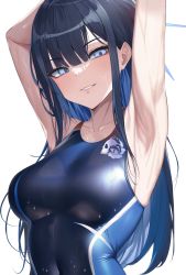 Rule 34 | 1girl, absurdres, armpits, arms behind head, arms up, black hair, blue archive, blue eyes, blunt bangs, breasts, competition swimsuit, covered navel, highres, large breasts, long hair, looking at viewer, no mask, one-piece swimsuit, parted lips, saori (blue archive), seductive gaze, seductive smile, smile, solo, suujiniku, swimsuit, upper body, wet, white background