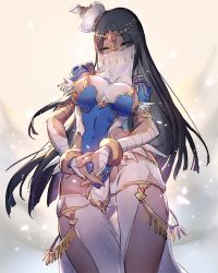 Rule 34 | 1girl, black hair, blue leotard, breasts, circlet, commentary request, covered navel, cowboy shot, dark-skinned female, dark skin, fate/grand order, fate (series), forehead jewel, green eyes, hat, highleg, highleg leotard, interlocked fingers, jewelry, leotard, long hair, looking at viewer, medium breasts, mouth veil, oro (sumakaita), own hands clasped, own hands together, pelvic curtain, scheherazade (fate), solo, thumb ring, veil, very long hair