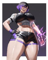 Rule 34 | 1girl, abs, alternate breast size, arm at side, black gloves, black hair, black shorts, black sports bra, breasts, clothing cutout, colored tips, commentary, crop top, electricity, english commentary, fingerless gloves, from below, ghostdoctor, gloves, glowing, glowing hand, hair between eyes, hand on own hip, highres, huge breasts, midriff, multicolored hair, muscular, muscular arms, muscular female, muscular legs, navel, outside border, purple eyes, purple hair, reina (tekken), short hair, short shorts, shorts, shoulder cutout, smirk, solo, sports bra, tekken, tekken 8, thick arms, thick thighs, thighs, toned, toned female, toned stomach, two-tone hair