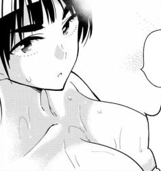 Rule 34 | 1girl, breasts, cleavage, close-up, collarbone, ebino mei, hatsukoi zombie, large breasts, lowres, monochrome, nude, official art, thick eyebrows, wet