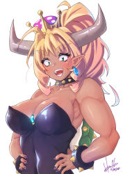 Rule 34 | 1girl, ahoge, bare arms, bare shoulders, black collar, black leotard, blonde hair, bowsette, bowsette (cosplay), bracelet, breasts, brooch, collar, collarbone, cosplay, crown, drill hair, drill sidelocks, earrings, fangs, fingernails, green eyes, hands on own hips, high ponytail, highres, hori shin, horns, jewelry, large breasts, leotard, looking at viewer, mario (series), michelle (hori shin), multicolored hair, nail polish, new super mario bros. u deluxe, nintendo, open mouth, original, pink hair, pointy ears, purple nails, sharp fingernails, shiny clothes, sidelocks, signature, simple background, smile, solo, spiked bracelet, spiked collar, spiked shell, spikes, strapless, strapless leotard, super crown, tan, thick eyebrows, toned, turtle shell, upper body, white background