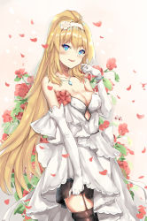 Rule 34 | 1girl, bare shoulders, black thighhighs, blonde hair, blue eyes, blush, bracelet, breasts, cleavage, commentary request, dress, duke of york (zhan jian shao nyu), elbow gloves, flower, garter straps, gloves, hair between eyes, hairband, high ponytail, highres, jewelry, long hair, medium breasts, pearl bracelet, pendant, ponytail, red flower, ring, signature, solo, strapless, strapless dress, thighhighs, very long hair, warship girls r, white dress, white gloves, white hairband, zhudacaimiao