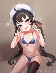 Rule 34 | 1girl, ahoge, bikini, black hair, black thighhighs, blue bikini, blue eyes, blush, double v, hat, highres, kaiboukan no. 22 (kancolle), kantai collection, long hair, looking at viewer, open mouth, sailor hat, single thighhigh, smile, solo, swimsuit, thighhighs, twintails, twitter username, unidentified nk, v, white hat