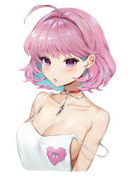 Rule 34 | 1girl, ahoge, bare shoulders, blue hair, blush, breasts, camisole, choker, cleavage, collarbone, cropped torso, earrings, highres, idolmaster, idolmaster cinderella girls, jewelry, laon, large breasts, looking at viewer, multicolored hair, necklace, o-ring, o-ring choker, parted lips, pink hair, pink lips, purple eyes, red choker, safety pin, short hair, simple background, solo, strap slip, two-tone hair, upper body, white background, yumemi riamu