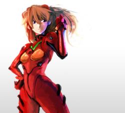 Rule 34 | backlighting, blue eyes, cowboy shot, from side, gradient background, grey background, hair between eyes, hand on own hip, highres, legs apart, narrow waist, neon genesis evangelion, parted bangs, plugsuit, s nag, solo, souryuu asuka langley, standing, tagme, thighs, white background