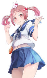 Rule 34 | 10s, 1girl, :x, animal, animal on head, badge, blue skirt, rabbit, comah, hair bobbles, hair ornament, kantai collection, looking at viewer, navel, on head, open hands, pink eyes, pink hair, pleated skirt, sailor collar, sazanami (kancolle), school uniform, serafuku, short hair, short sleeves, simple background, skirt, solo, twintails, white background