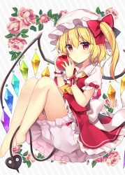 Rule 34 | 1girl, apple, arms up, ascot, barefoot, blonde hair, bloomers, commentary request, crossed ankles, diagonal stripes, expressionless, flandre scarlet, floral background, flower, food, frilled skirt, frills, fruit, hair between eyes, hat, hat ribbon, highres, holding, holding food, holding fruit, knees up, laevatein (tail), looking at viewer, mob cap, puffy short sleeves, puffy sleeves, red eyes, red skirt, red vest, ribbon, ruhika, shirt, short hair, short sleeves, side ponytail, sitting, skirt, solo, striped, striped background, tail, touhou, underwear, vest, white hat, white shirt, wings, wrist cuffs, yellow ascot