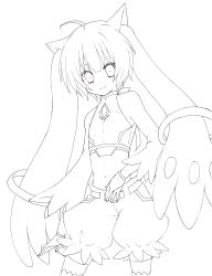 Rule 34 | 10s, 1girl, :3, androgynous, animal ears, b-cat, bare shoulders, female focus, fingerless gloves, flat chest, gloves, greyscale, highres, kyubey, lineart, looking at viewer, mahou shoujo madoka magica, mahou shoujo madoka magica (anime), midriff, monochrome, navel, personification, smile, solo, thighhighs, white background