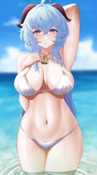 Rule 34 | 1girl, absurdres, arm behind head, arm up, armpits, bell, bikini, blue hair, blue sky, blurry, blurry background, blush, breasts, brown eyes, cleavage, closed mouth, collarbone, cowboy shot, day, depth of field, frown, ganyu (genshin impact), genm7, genshin impact, hand on own chest, highres, horns, large breasts, long hair, looking at viewer, navel, neck bell, ocean, outdoors, sky, solo, stomach, swimsuit, thigh gap, water, white bikini