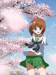 Rule 34 | 1girl, arms behind back, artist name, black neckerchief, blouse, blue sky, blurry, blurry foreground, brown eyes, brown hair, cherry blossoms, clear sky, commentary, cowboy shot, dated, day, depth of field, girls und panzer, green skirt, highres, long sleeves, looking at viewer, midriff peek, miniskirt, naotosi, navel, neckerchief, nishizumi miho, ooarai school uniform, open mouth, outdoors, pleated skirt, sailor collar, school uniform, serafuku, shirt, short hair, skirt, sky, smile, solo, standing, tree, white sailor collar, white shirt, wind, wind lift