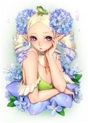 Rule 34 | 1girl, absurdres, animal, animal on head, bare shoulders, blonde hair, breasts, commentary request, detached collar, dress, drill hair, elf, fingernails, flower, frog, frog on head, gradient hair, hair flower, hair ornament, hand on own cheek, hand on own face, hand up, highres, hydrangea, lips, long hair, medium breasts, multicolored hair, neck ribbon, nose, on head, orange ribbon, original, parted bangs, parted lips, pink lips, pointy ears, purple eyes, purple flower, purple hair, re:shimashima, ribbon, solo, strapless, strapless dress, teeth, twin drills, upper body, water drop
