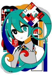 Rule 34 | 1girl, aqua eyes, aqua hair, bad id, bad twitter id, black eyes, bright pupils, detached sleeves, expressionless, fibonacci sequence, golden spiral, grey shirt, halftone, hatsune miku, heterochromia, long hair, looking at viewer, machigami yoh, multicolored background, multicolored necktie, necktie, shirt, solo, surreal, twintails, upper body, vocaloid, white pupils