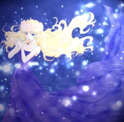 Rule 34 | 00s, 1girl, bare shoulders, blonde hair, collarbone, dress, floating hair, gem, jewelry, long hair, looking at viewer, macross, macross frontier, necklace, own hands together, pendant, sheryl nome, shou fuji, solo, standing, strapless, strapless dress, very long hair, wavy hair, wind