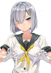 Rule 34 | 10s, 1girl, blue eyes, blush, breasts, buttons, eyes visible through hair, gloves, hair ornament, hair over one eye, hairclip, hamakaze (kancolle), highres, kantai collection, large breasts, lips, looking at viewer, neckerchief, nipple stimulation, nipple tweak, ok sign, school uniform, serafuku, short hair, short sleeves, silver hair, simple background, solo, ts422, upper body, white background, white gloves, yellow neckerchief