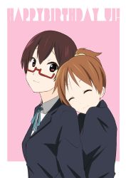 2girls brown_eyes brown_hair closed_eyes glasses happy_birthday hirasawa_ui hug hug_from_behind k-on! manabe_nodoka multiple_girls red-framed_eyewear school_uniform semi-rimless_eyewear short_hair under-rim_eyewear zasshu_tamashii