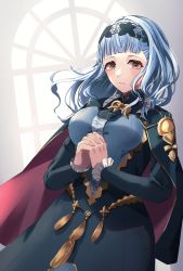 Rule 34 | 1girl, absurdres, bags under eyes, blue hair, blush, breasts, brown eyes, dress, fire emblem, fire emblem: three houses, fire emblem warriors: three hopes, highres, large breasts, long hair, long sleeves, looking at viewer, marianne von edmund, nintendo, open mouth, reia hana, simple background, solo, upper body, wavy hair