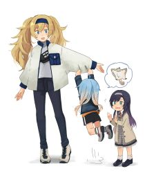 Rule 34 | 3girls, alternate costume, annin musou, bad id, bad twitter id, beige coat, black hair, black pants, black shorts, blonde hair, blue eyes, blue hair, blue jacket, coat, dress, flying squirrel, frilled dress, frills, full body, gambier bay (kancolle), gradient hair, green eyes, hairband, highres, jacket, jumping, kantai collection, long hair, matsuwa (kancolle), multicolored hair, multiple girls, open mouth, pants, plaid, plaid dress, purple hair, sado (kancolle), shoes, shorts, simple background, sneakers, squirrel, standing, twintails, white background, white footwear, white jacket