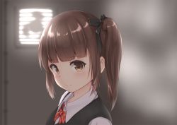 Rule 34 | 1girl, bad id, bad pixiv id, black bow, black ribbon, blunt bangs, blush, bow, bowtie, breasts, brown eyes, brown hair, collared shirt, commentary request, from side, gradient background, hair bow, hair ribbon, indoors, looking at viewer, looking to the side, minagiku, original, portrait, red bow, red bowtie, ribbon, school uniform, shirt, side ponytail, sleeveless, small breasts, solo, uniform, ventilation shaft