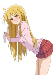 Rule 34 | 1girl, absurdres, ahoge, alternate costume, blonde hair, bocchi the rock!, closed mouth, commentary, cowboy shot, dot nose, embarrassed, english commentary, highres, ijichi seika, leaning forward, long hair, long sleeves, looking at viewer, miniskirt, pink shirt, plaid, plaid skirt, red eyes, red skirt, shirt, simple background, skirt, solo, standing, thundradrawings, v-shaped eyebrows, wavy mouth, white background