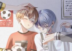 Rule 34 | 2boys, aged down, aoyagi touya, ball, blanket, blonde hair, blue hair, bow, bowtie, child, closed eyes, closed mouth, commentary, dark blue hair, fingernails, hand on another&#039;s head, headpat, highres, holding, holding blanket, long sleeves, male focus, mole, mole under eye, multicolored hair, multiple boys, orange hair, out of frame, parted lips, poster (object), project sekai, red bow, red bowtie, sheet music, shinonome akito, shirt, short hair, soccer ball, split-color hair, streaked hair, t-shirt, two-tone hair, upper body, yk62