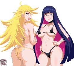 Rule 34 | 2girls, :d, absurdres, ahoge, ass, bare arms, bare shoulders, bikini, black bikini, black choker, blonde hair, blue eyes, blue hair, blunt bangs, breasts, choker, colored inner hair, commentary, cowboy shot, eyeshadow, groin, hands on own hips, highres, large breasts, long hair, looking at viewer, makeup, multicolored hair, multiple girls, navel, open mouth, panty &amp; stocking with garterbelt, panty (psg), pink hair, pink lips, sebasdono, smile, standing, stocking (psg), stomach, swimsuit, thighs, very long hair