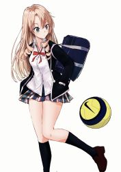 Rule 34 | 1girl, bag, ball, black jacket, black socks, blazer, blonde hair, breasts, brown footwear, buttons, collared shirt, commentary request, drill hair, green eyes, hand in pocket, highres, jacket, kajino (aosansai), kneehighs, leg up, loafers, long hair, long sleeves, looking to the side, medium breasts, miniskirt, miura yumiko, neck ribbon, open clothes, open jacket, parted bangs, plaid, plaid skirt, pleated skirt, red ribbon, ribbon, school uniform, shirt, shoes, shoulder bag, sidelocks, simple background, skirt, small breasts, sobu high school uniform, soccer ball, socks, solo, standing, standing on one leg, untucked shirt, white background, white shirt, yahari ore no seishun lovecome wa machigatteiru.